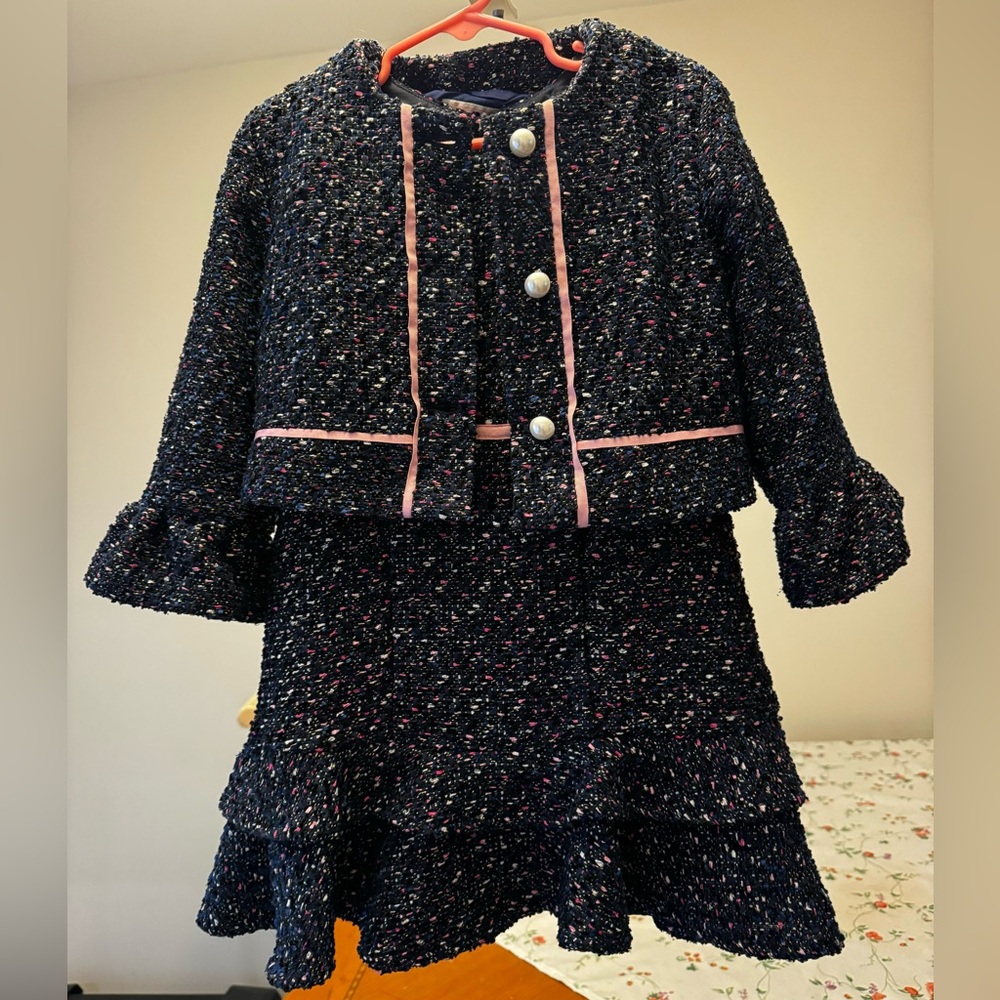 TWEED DRESS AND COAT SET. Predominant color Navy Blue with Pink detail.